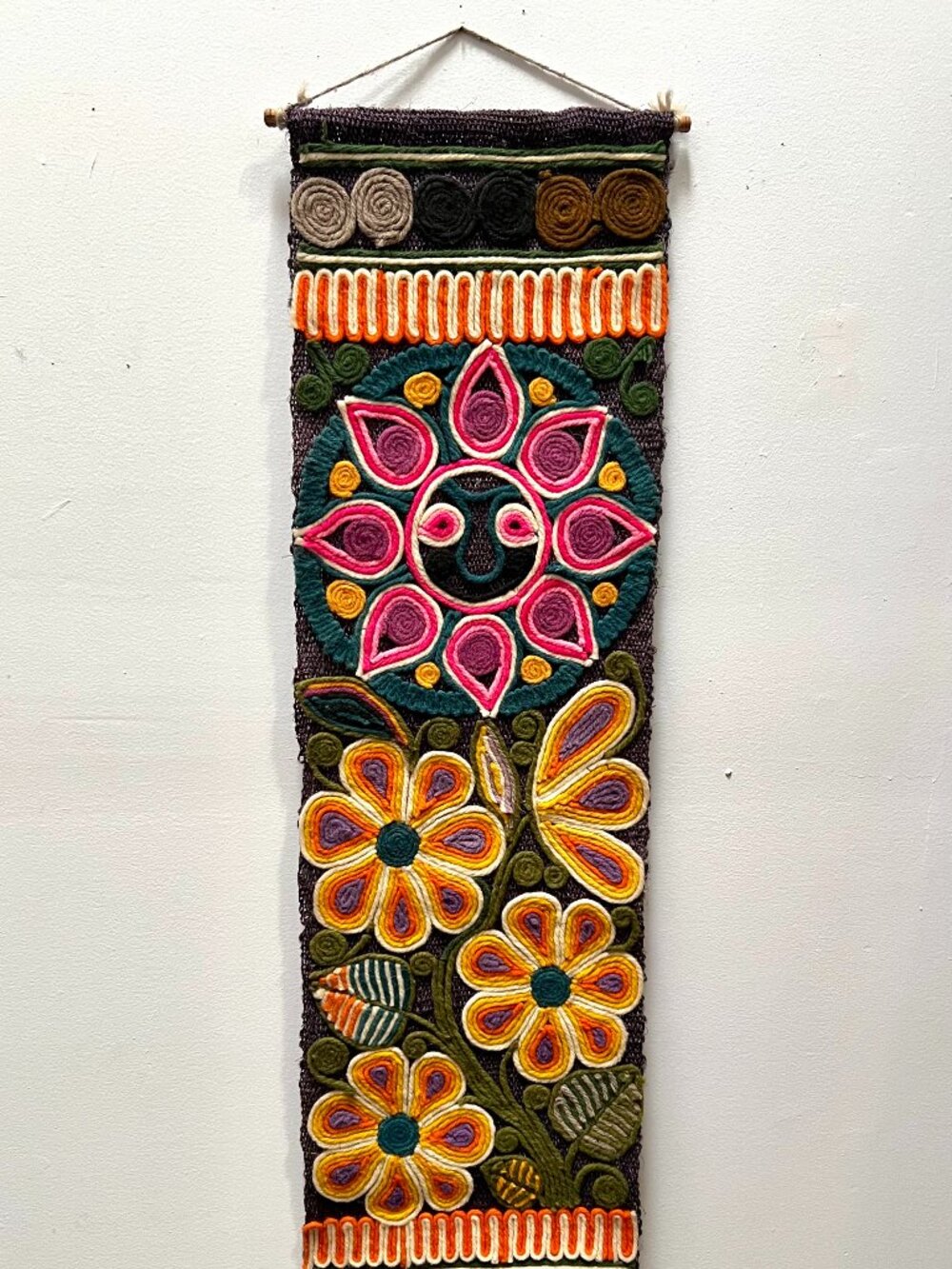 Large Vintage 70s Mexican Huichol Yarn Art Wall Hanging 58"